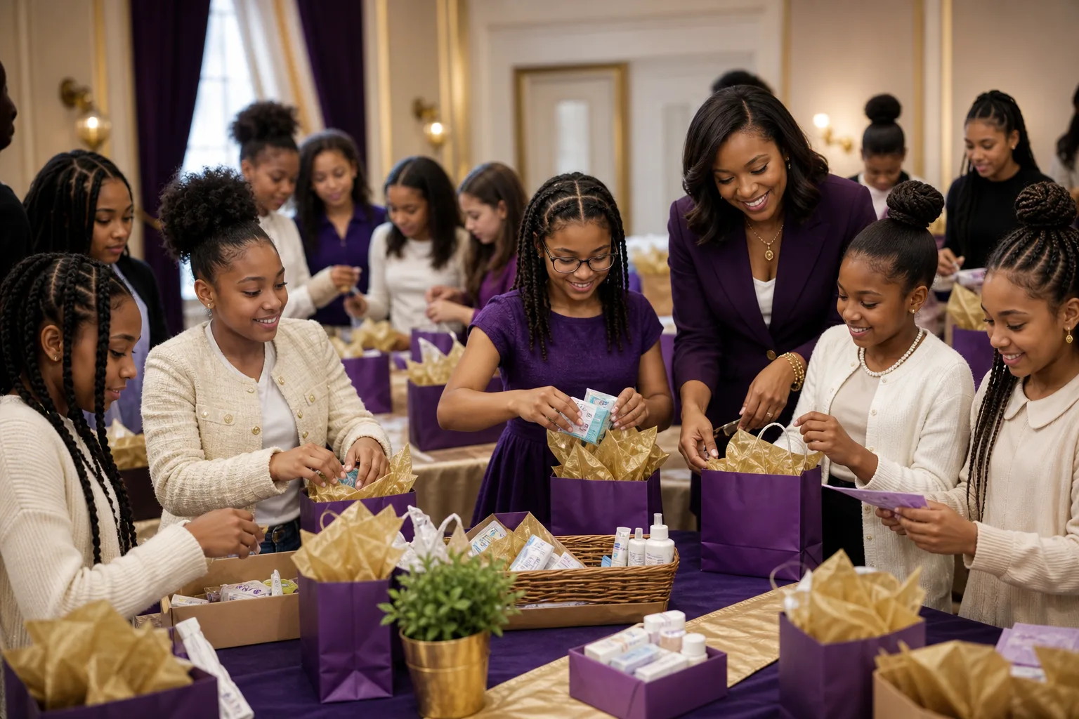 Girls preparing community service care packages with a mentor