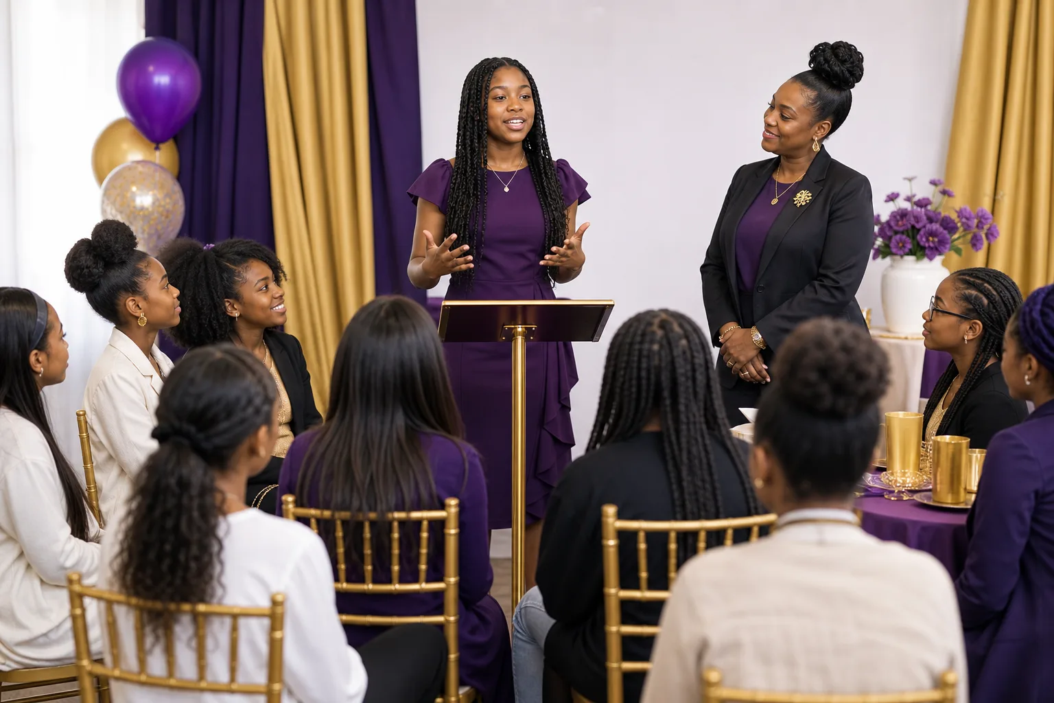 A girl practicing public speaking in front of peers and a mentor